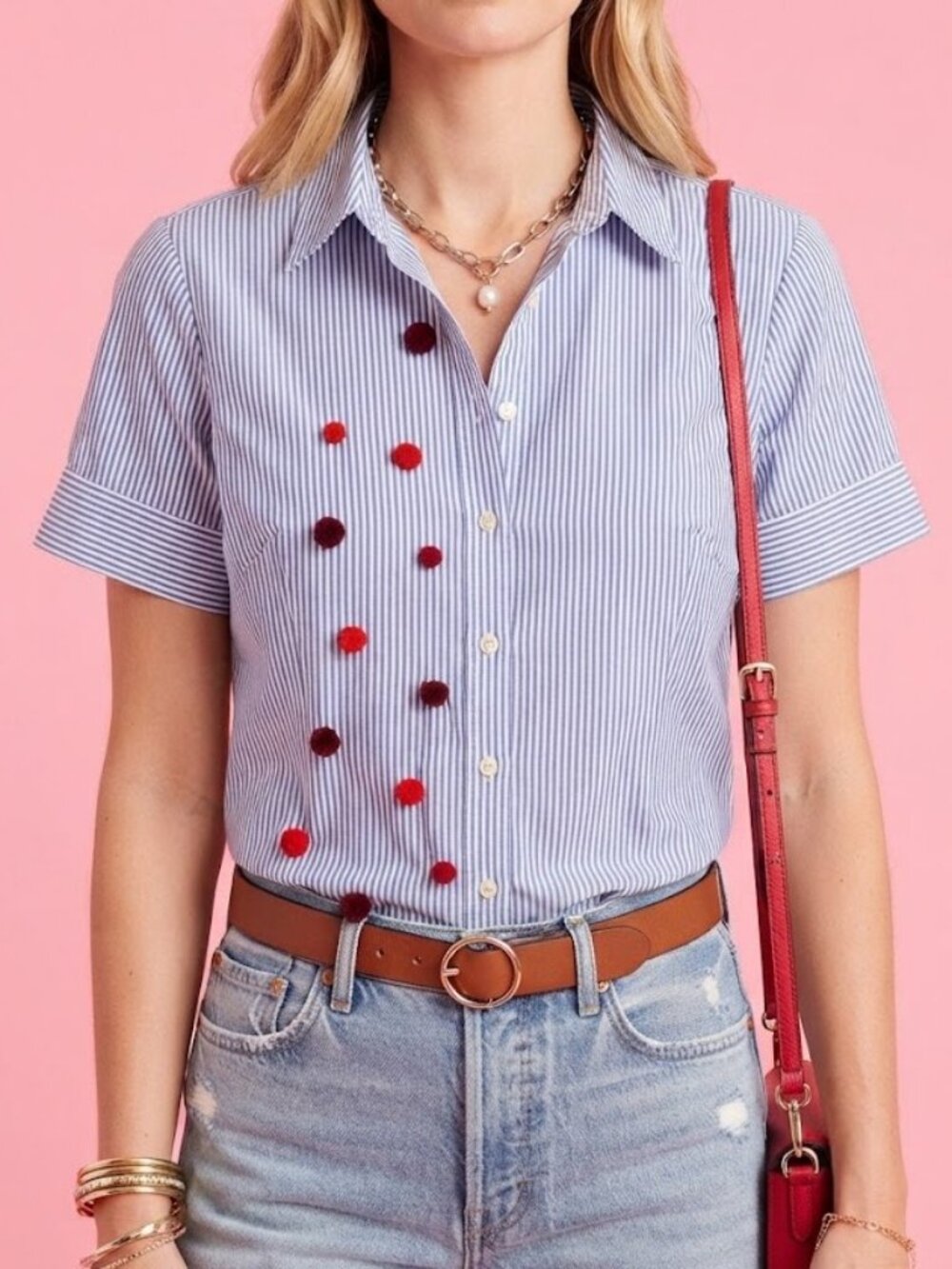 Blue and White Striped Button-Down Shirt with Red Pom Accents